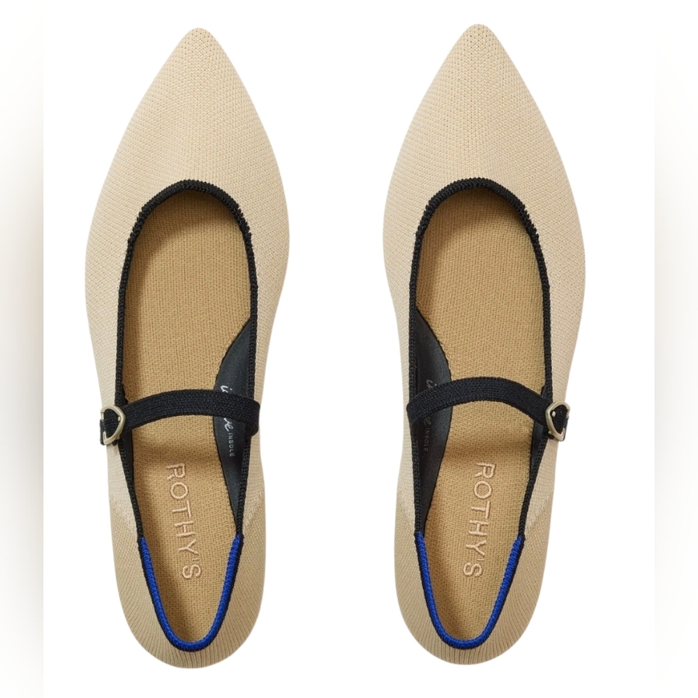 Rothy's The Point Mary Jane II flats beige/sandstone color  black strap Sz 13